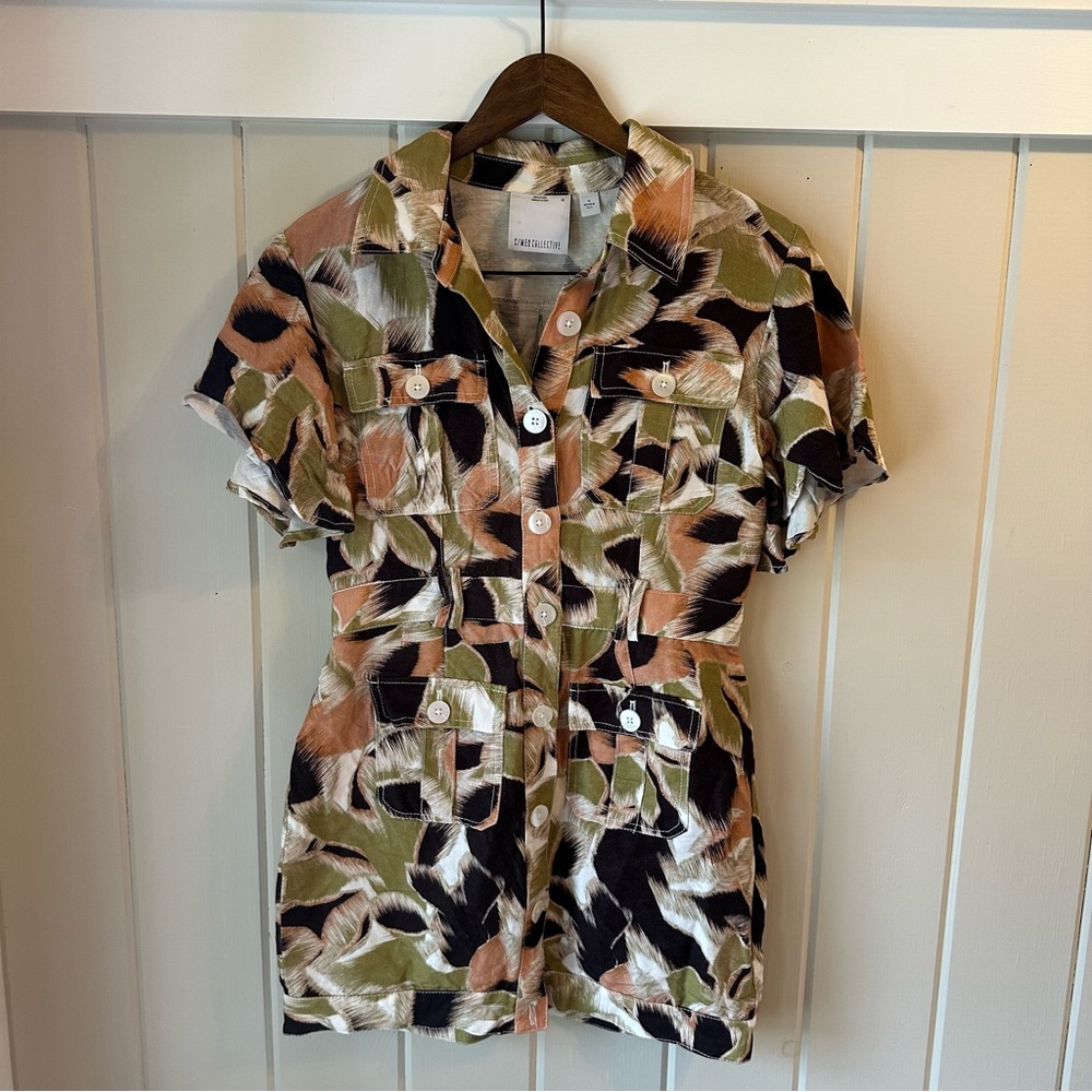 C/MEO Collective Short Sleeve Mini Dress in Olive, Black & Tan Brushprint